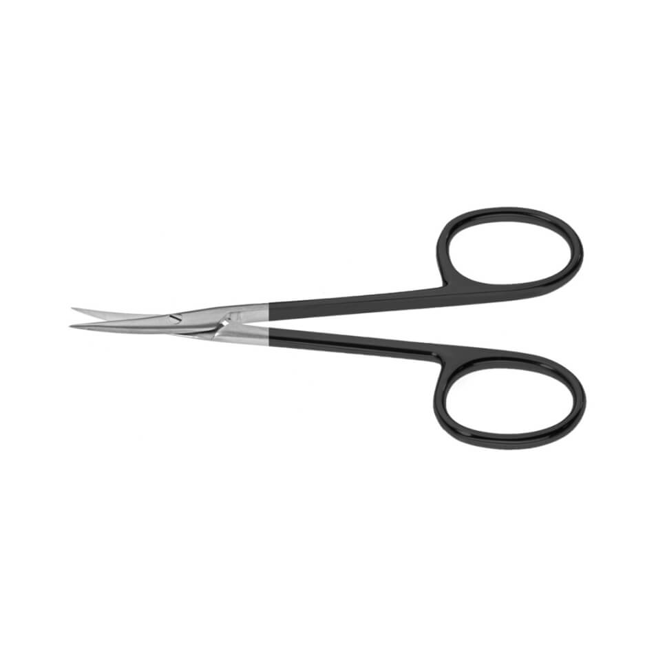 A pair of Devine Serrated Supercut Scissors, 4-1/4″ (10.5cm), Curved with small, black handles and sharp tips isolated on a white background. The shiny metal blades are designed for precision cutting, ideal for facial procedures or detailed work.