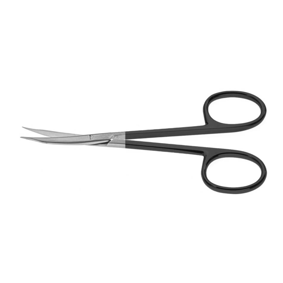 A pair of Stevens Tenotomy Serrated SuperCut Scissors with curved blades, black handles, and stainless steel construction. The blades, which feature micro serrations for enhanced precision, are designed for precise cutting tasks. The circular rings of the handles allow a secure grip. Positioned on a plain white background.