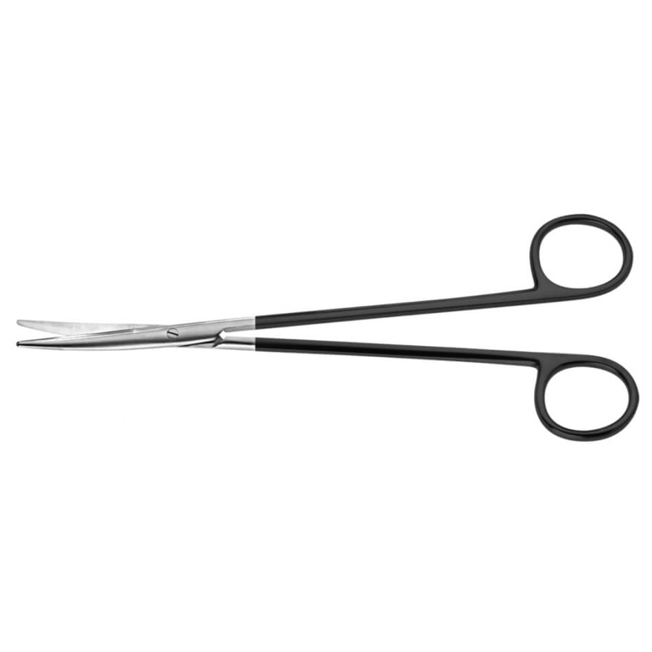 A pair of straight-handled, metal scissors with black plastic finger loops, featuring curved blades and microserrations. These Metzenbaum Serrated SuperCut Scissors, 11″ (28cm) are isolated against a white background.