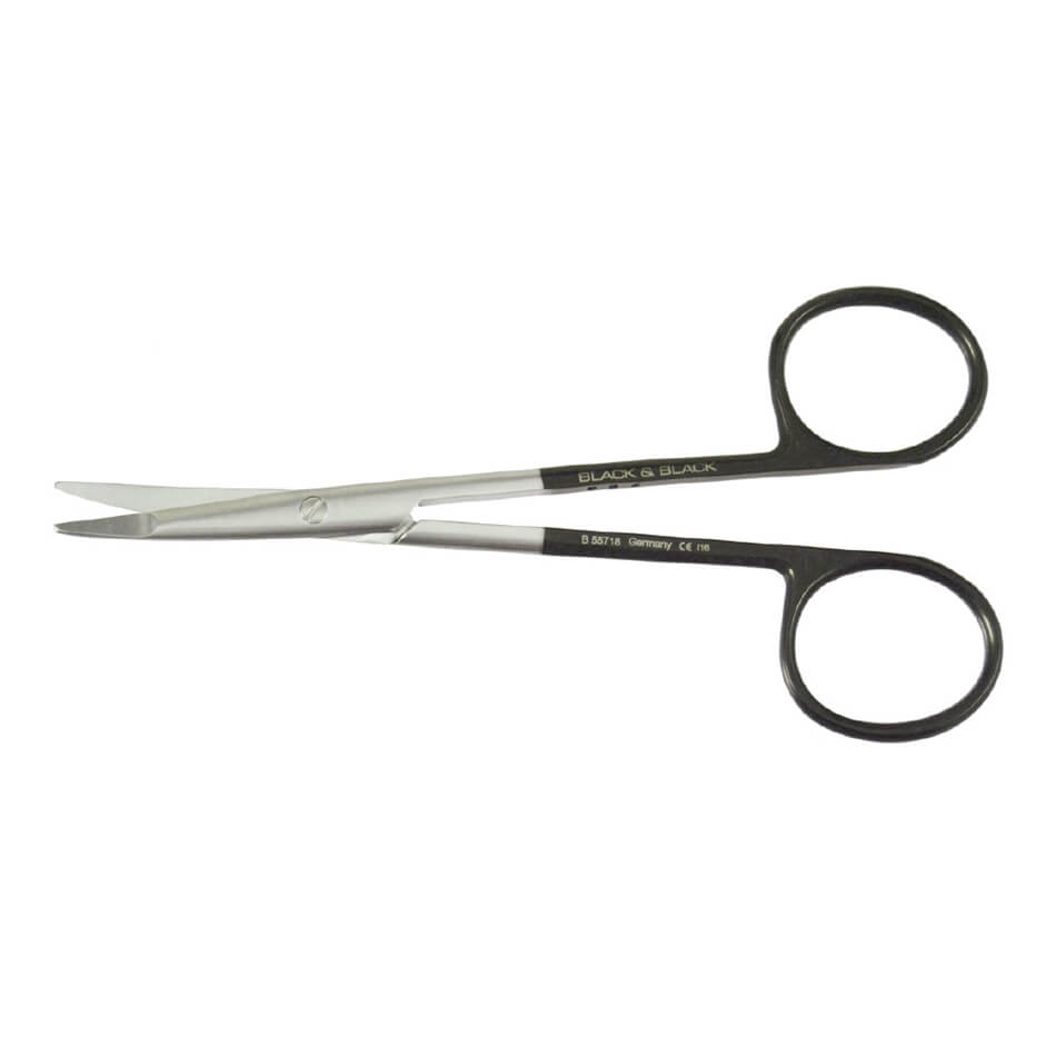 A pair of Ragnell Serrated Blunt Supercut Scissors, 5″ (12.5cm) with black handles and sharp, pointed blades made from stainless steel. The scissors are partially open, displaying both the cutting edges with micro serrations and the finger loops designed for precise control and easy handling during medical procedures.