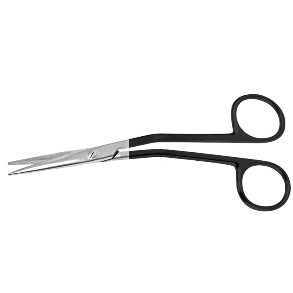 A pair of Fomon Serrated Supercut Scissors, 5-1/2″ (14cm), Angled with black handles curving upwards, while the slender blades remain straight and silver. The serrated blades ensure precision cutting, reducing tissue slippage during procedures.