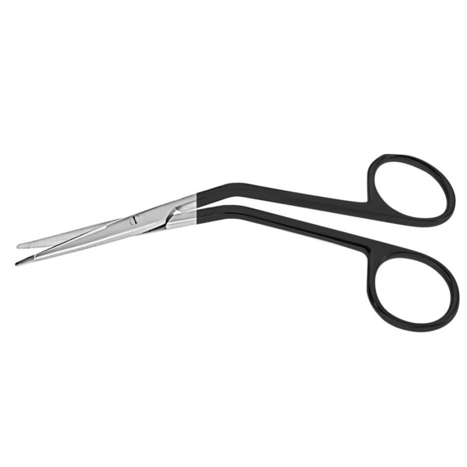 Aston Serrated Supercut Scissors, 5-1/2″ (14cm), Angled with serrated blades designed for precision and to prevent tissue slippage. The angled shanks offer better control and ease of use. The scissors are isolated on a white background.