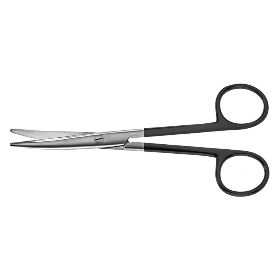 A pair of Mayo Serrated SuperCut Scissors, 5-1/2″ (14cm) with a matte black handle. The scissors feature curved blades with micro serrations and handles forming two open loops for fingers. Constructed from stainless steel and plastic, the image is set against a plain white background.