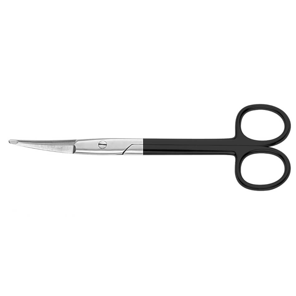 A pair of Rees Facelift Serrated SuperCut Scissors, Curved with black handles and silver stainless steel blades. These scissors, equipped with double-beveled blades for enhanced precision and micro serrations for better grip, feature finger holes at the handles. The image is set against a plain white background.