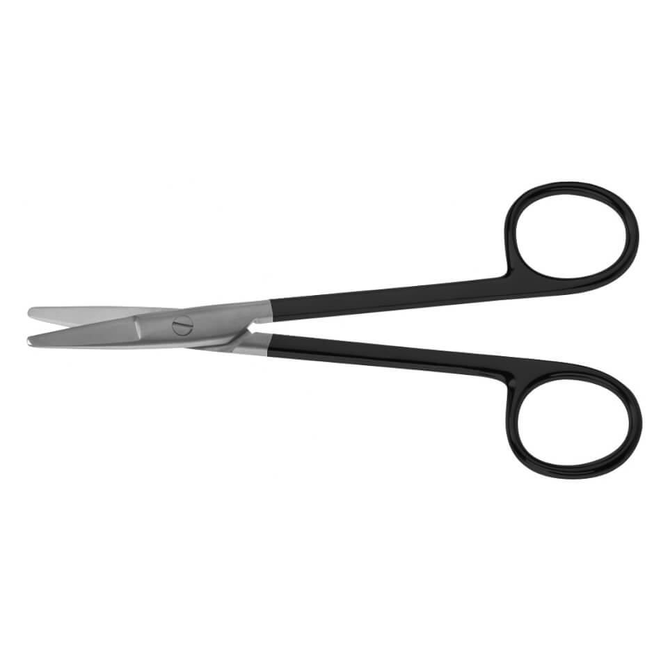 A pair of Castanares Serrated Supercut Scissors, 6-1/4″ (16cm), Straight with black handles, designed for precision cutting in medical or first aid contexts, set against a plain white background.