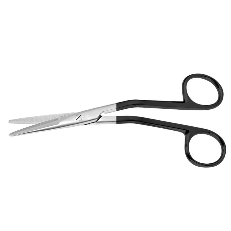 A pair of Cottle Serrated Supercut Scissors, 6-1/4″ (16cm), Angled featuring heavy blades with one blade and handle in stainless steel and the other side in black, blending at the middle of the tool. The scissors boast a simple and sleek design with angled shanks, secured by a single lock bolt near the center.