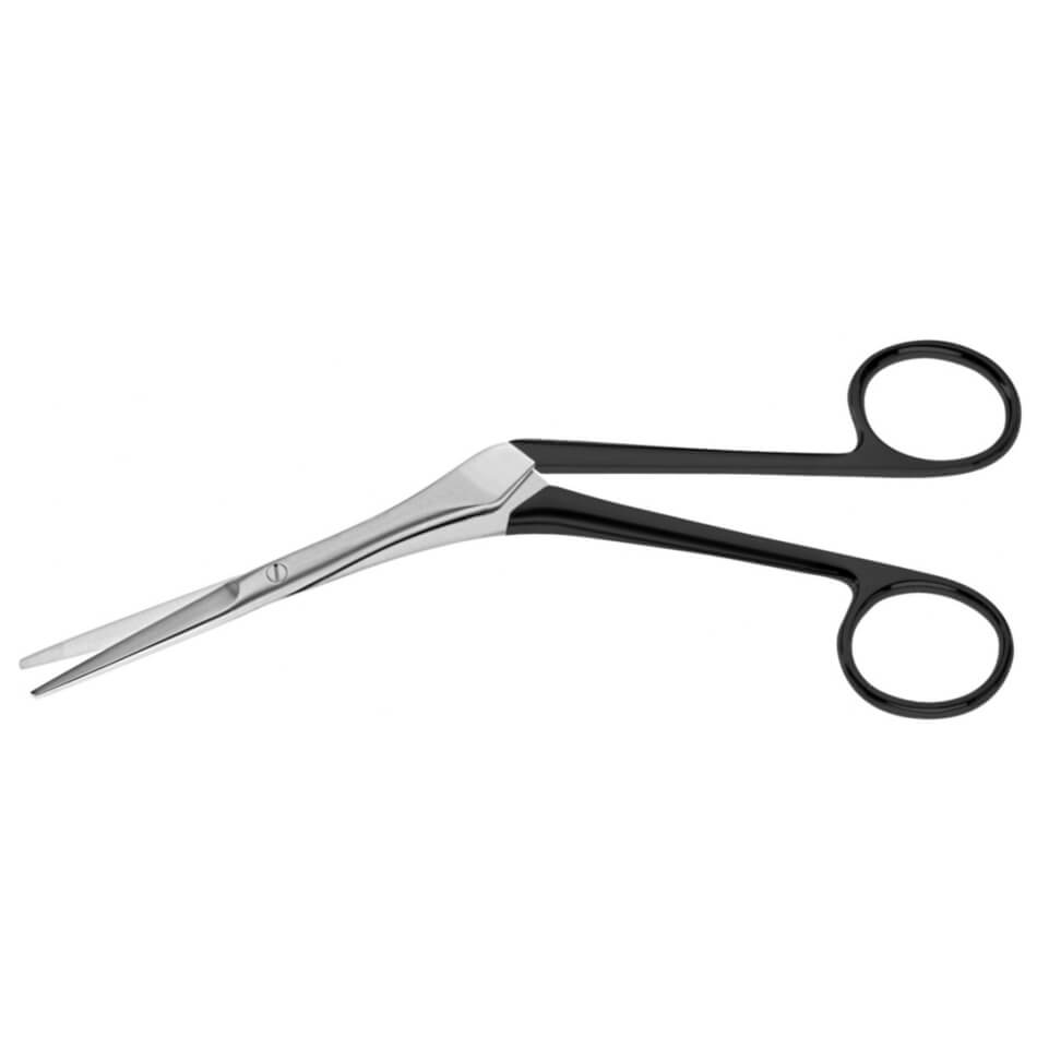 A pair of Knight Serrated Supercut Scissors, 7″ (18cm), Angled with black handles and elongated silver blades, one blade featuring a curved design. The scissors, designed with symmetrical finger loops for precise grip, come with serrated blades ideal for detailed procedures involving delicate tissues like cartilage.