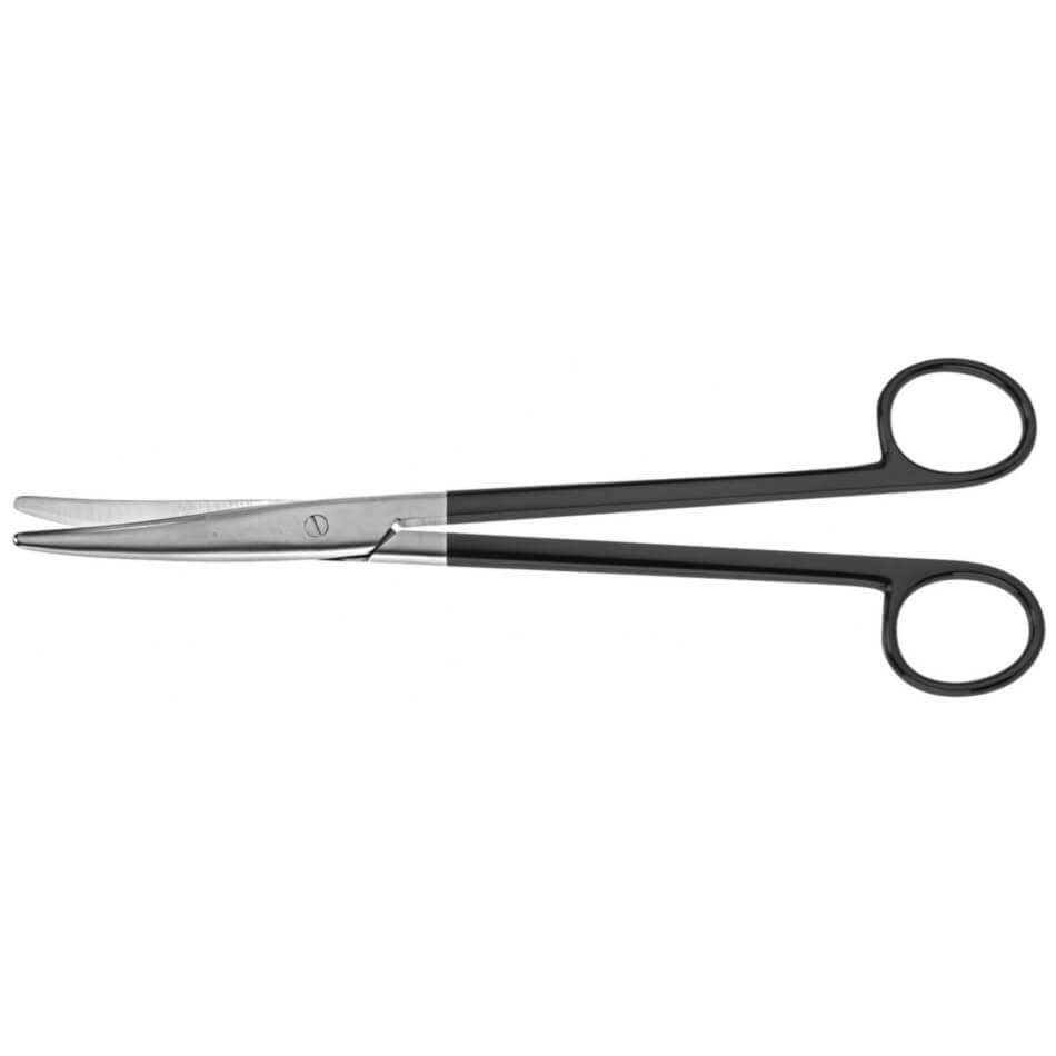 Mayo-Carroll Serrated SuperCut Scissors, 9″ (23cm) with black handles. The angled blades have one featuring a blunt, rounded tip and micro serrations to safely cut bandages without harming the skin. The large finger loops on the handles ensure easy gripping, making them ideal as general-purpose scissors.