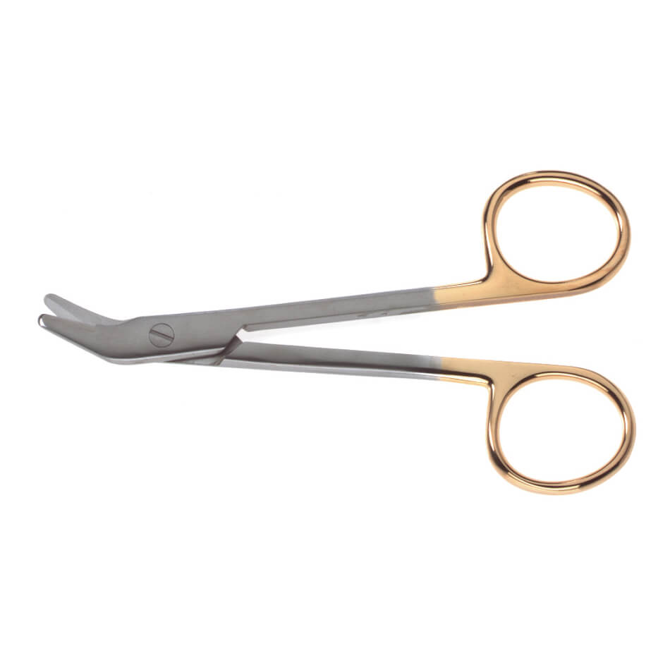 A pair of Suture-Wire Onyx Scissors, 4-3/4″ (12cm), Angled with gold finger loops and handles transitioning into silver blades. The Tungsten Carbide blades are angled, with one end curved and blunt for safe cutting of bandages near the skin.