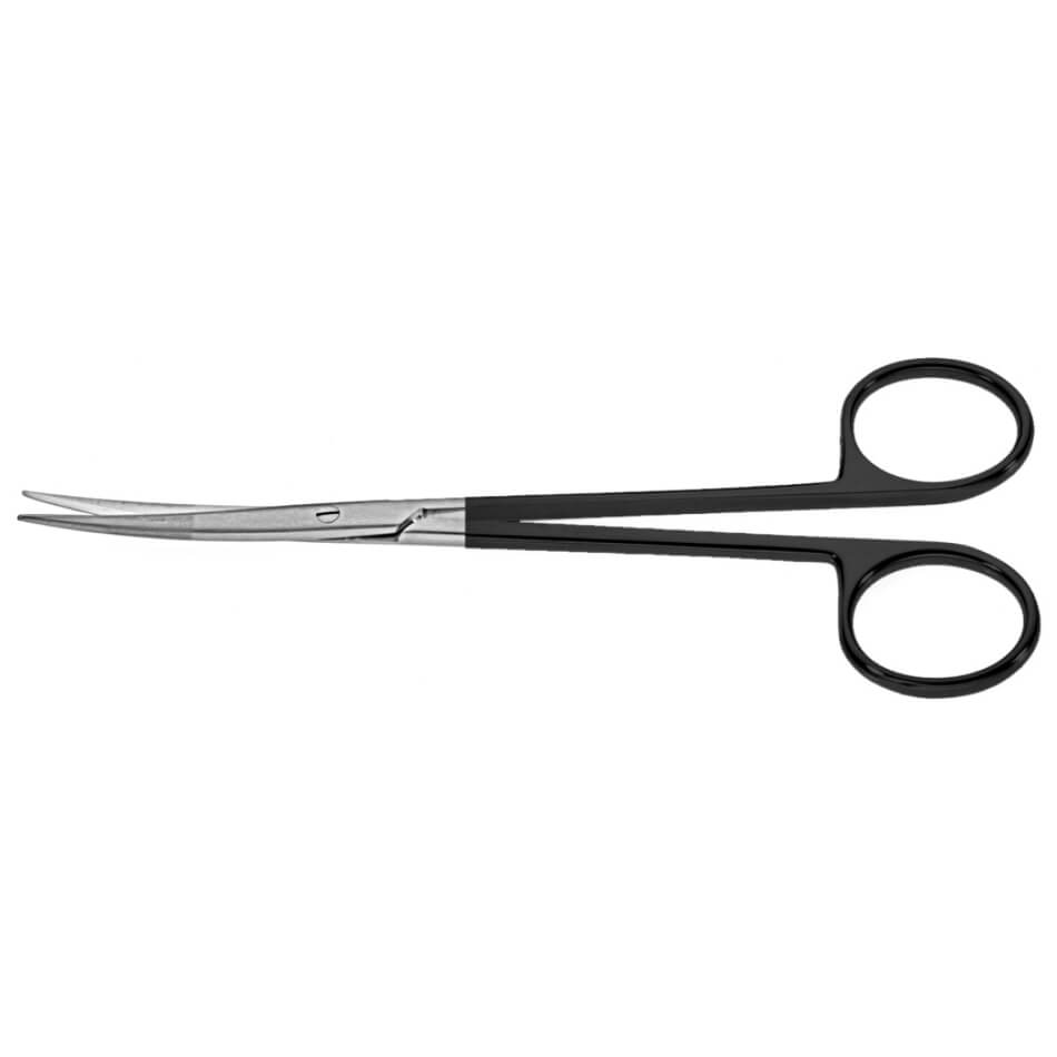 A pair of PAR Serrated SuperCut Scissors, Curved with black finger rings and a shiny, stainless steel blade. The fine blades feature micro serrations for enhanced grip. The instrument&