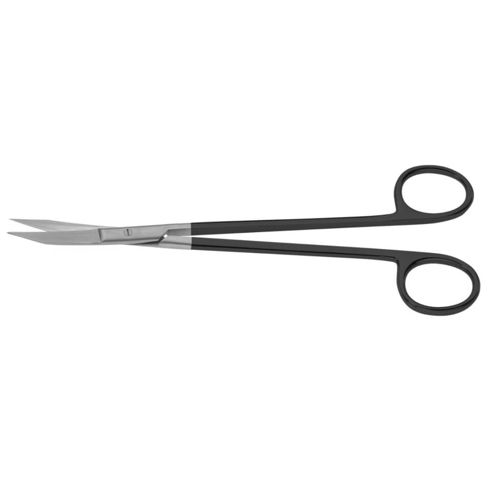 A pair of black-handled Davis Facelift Serrated Supercut Scissors, 7″ (18cm), Curved, designed for use in precise medical procedures. The handles have large, circular finger loops for better grip and control. The metal blades are silver and meet in a sharp, curved cutting edge perfect for face lift procedures.