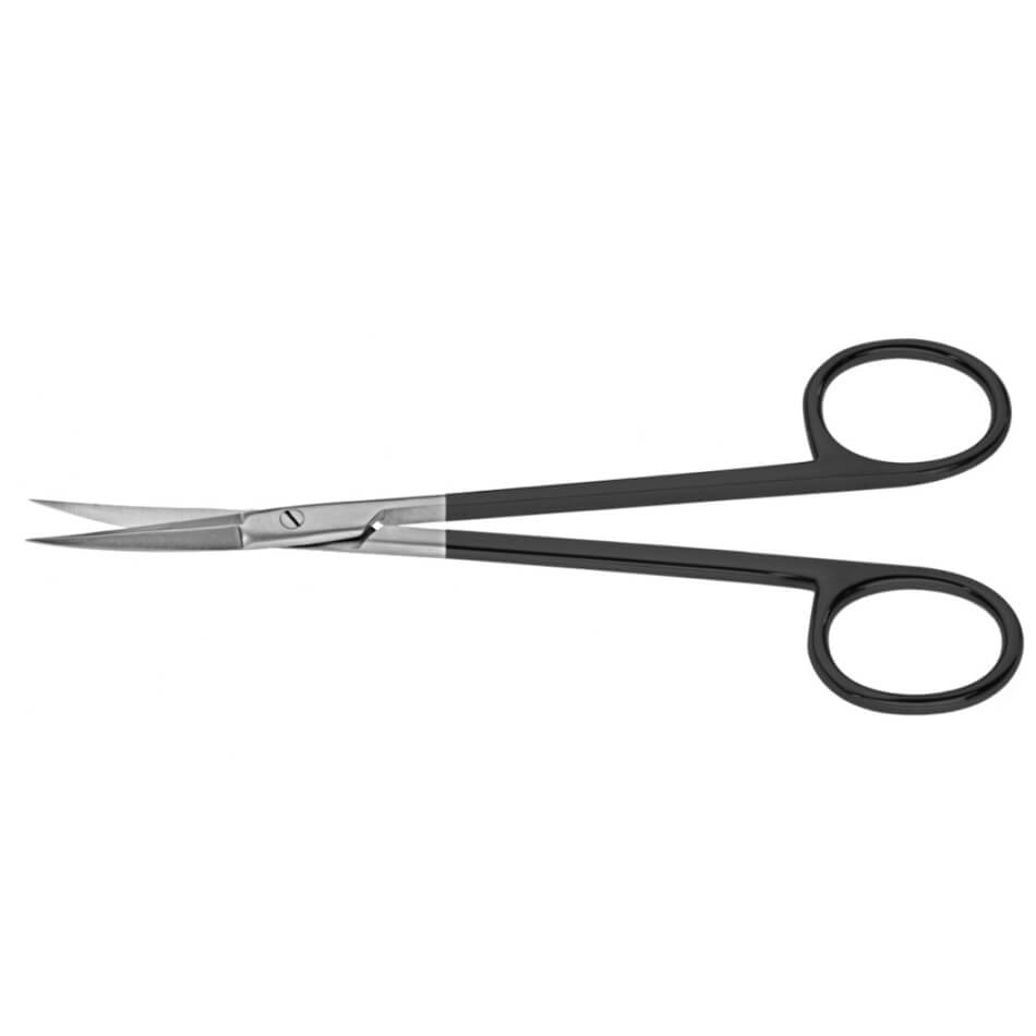 A pair of Tebbetts Delicate Serrated Supercut Dissecting Scissors, 5-1/4″ (13.5cm), Curved with black handles, designed for precise facial dissection. The handles are looped for easy grip and control, making them ideal for meticulous procedures. The scissors are isolated on a white background.