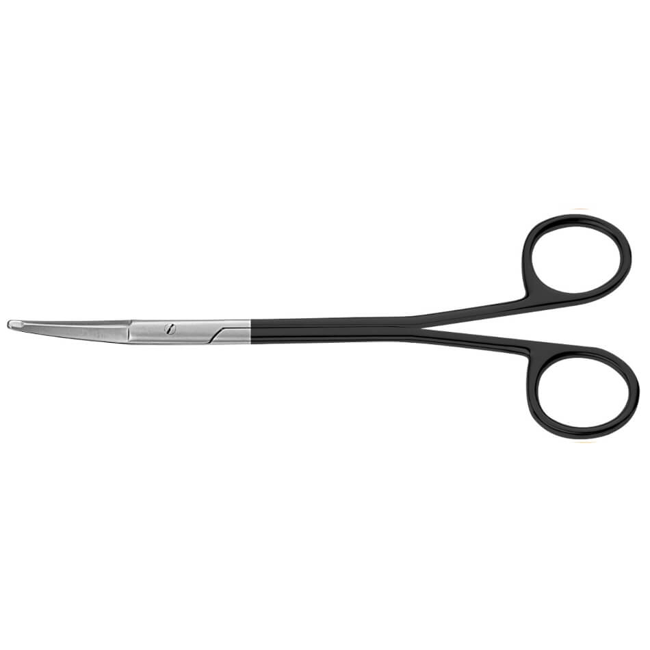 A pair of Kaye-Freeman Serrated Supercut Scissors, 7″ (18cm), Curved with a curved, blunt tip and finger loops. The handles are matte black, and the blades transition into a shiny metallic finish. Designed for precise dissection in medical procedures, these serrated scissors provide exceptional control for facial and neck flaps.