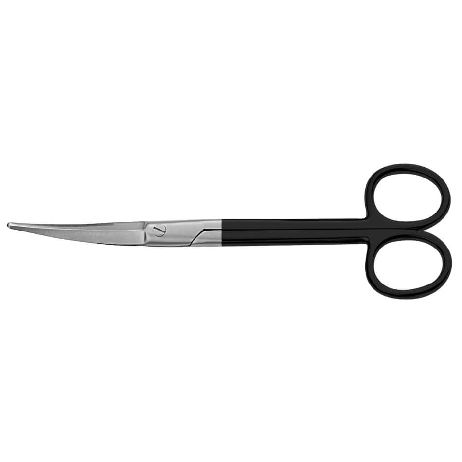 A pair of black-handled, curved-blade Aston Facelift Serrated SuperCut Scissors isolated on a white background. The scissors feature a sleek design with two finger loops and a slightly curved, serrated cutting edge, typically used for precision tasks.