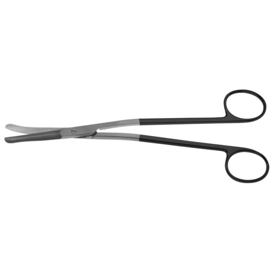 A pair of Wilkinson Facelift Serrated Supercut Scissors, 7-3/4″, 19.5cm, Curved with angled shanks and curved blades featuring micro serrations and finger loops. The scissors are designed for medical procedures and have a sleek, professional appearance against a plain white background.