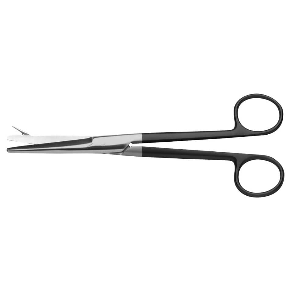 A pair of Trepsat Facelift Serrated Supercut Marking Scissors, 6-3/4″ (17cm), Straight with black handles and shiny, stainless steel blades. Ideal for rhytidectomy procedures, the scissors have a straight edge and one blade has a small, curved tip for precision cutting. The design ensures precise skin marking during surgery.