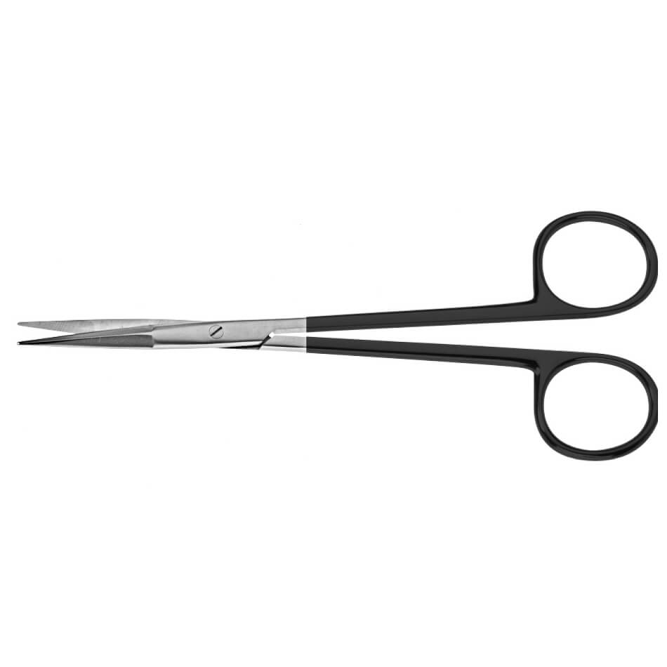 A pair of Peck-Joseph Serrated Supercut Scissors, 5-3/4″ (14.5cm) with black finger loops. The scissors have thin, sharp, curved blades designed for precision cutting during facial procedures. The elongated handles allow for detailed control.