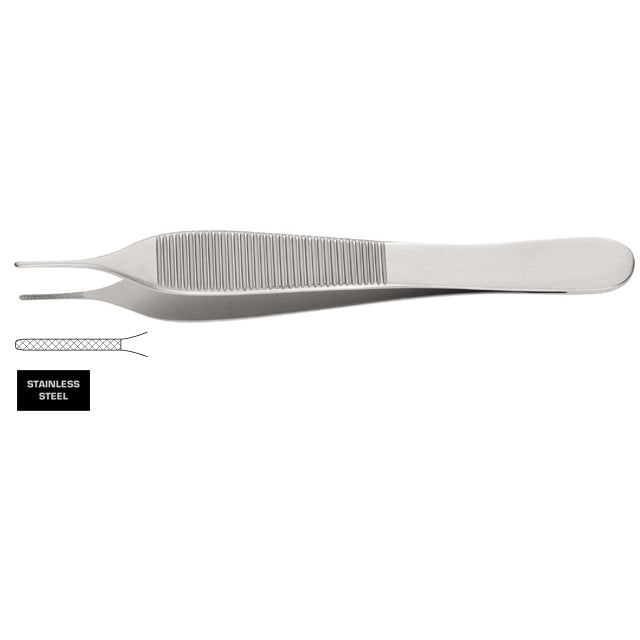 A pair of Adson Dressing Forceps, 4-3/4″ (12cm) with a serrated grip section for handling. An inset diagram illustrates the composition of the stainless steel material used for this versatile medical instrument.