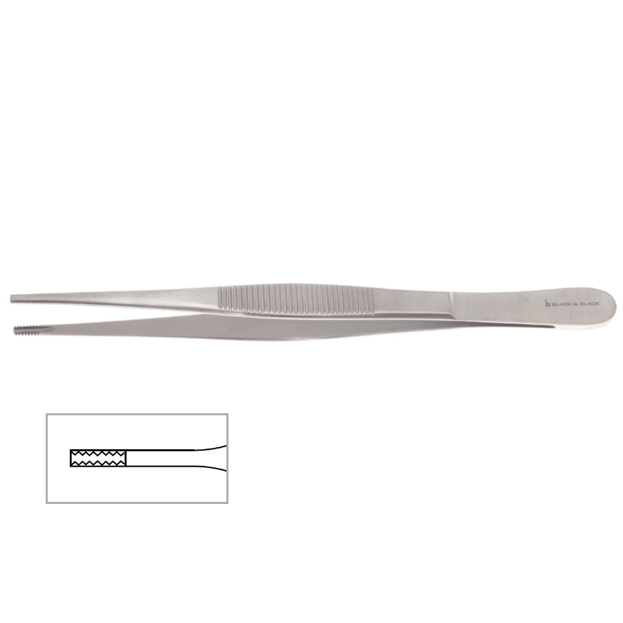 A pair of Brown Tissue Forceps crafted from stainless steel, featuring a ridged grip and pointed tips. An inset image at the bottom left corner shows a close-up of the serrated edges on the tips for precise gripping.