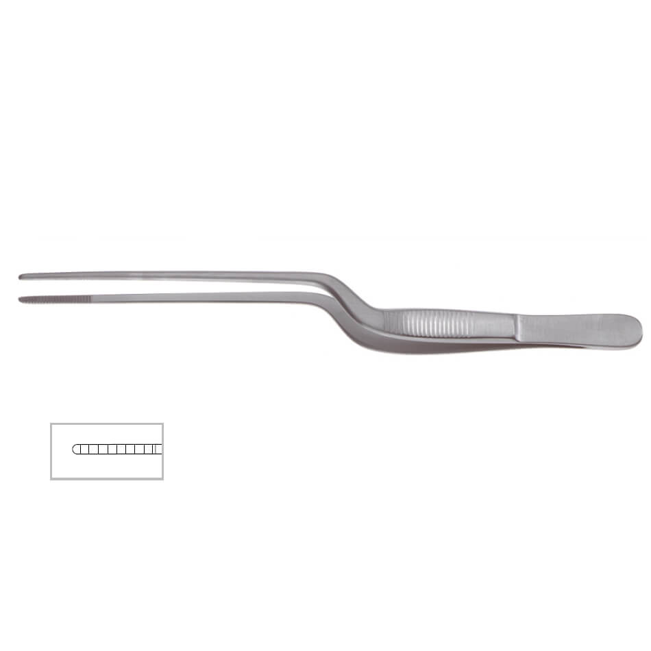 A pair of Lucae Dressing Forceps, 5-1/2″ (14cm), Serrated Jaw with a curved design and a textured grip. These stainless steel forceps are shown against a white background. An inset image in the product description highlights the close-up of the serrated jaws.