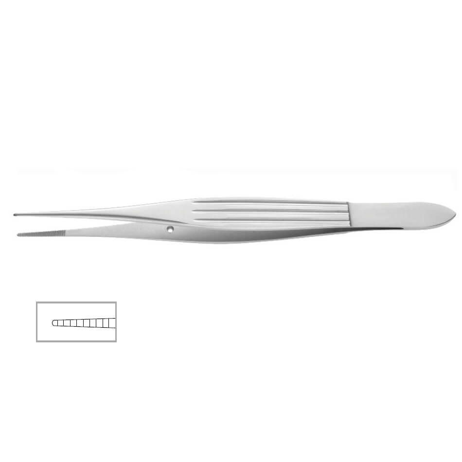 A Mcindoe Dissecting Forceps, 6″ (15cm), Serrated Jaw with a pointed tip and a ridged grip area. The image includes a small inset diagram showing the detailed pattern of the serrated jaws. The forceps, designed for precise tasks such as facial surgery, are positioned horizontally against a white background.