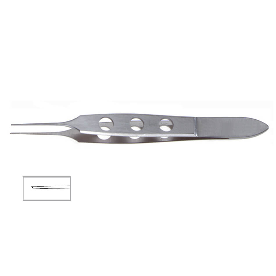 A pair of Bishop-Harmon Forceps, 3-1/2″ (9cm) with a flat, textured gripping area and three circular holes along the handle for a secure grip. The forceps have fine, pointed tips suitable for detailed tasks. An inset image shows a side view of the forceps&