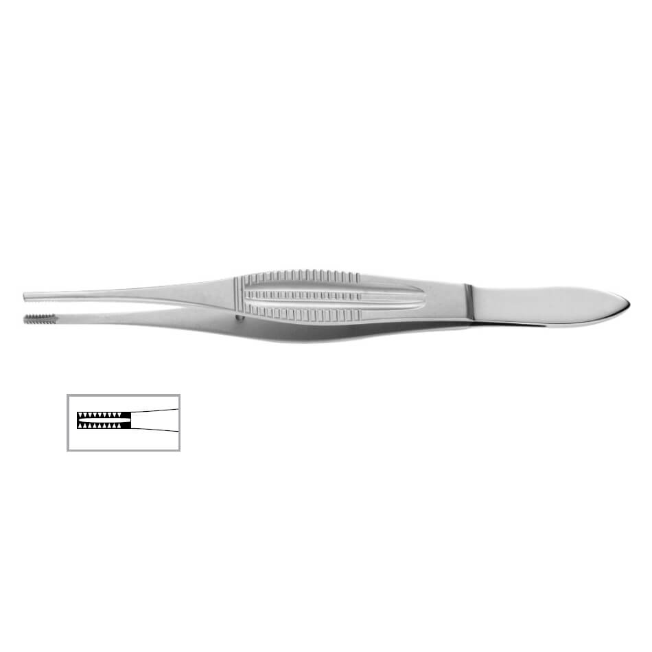 A pair of metallic tweezers with a textured grip in the middle. The tweezers taper to a fine point at one end and have a flat, rounded end at the other. These Castroviejo-Brown Forceps, 4-1/2″ (10.5cm), Brown Teeth feature an inset image that shows a close-up of the gripping tips with precision serrations for handling fine tissues.