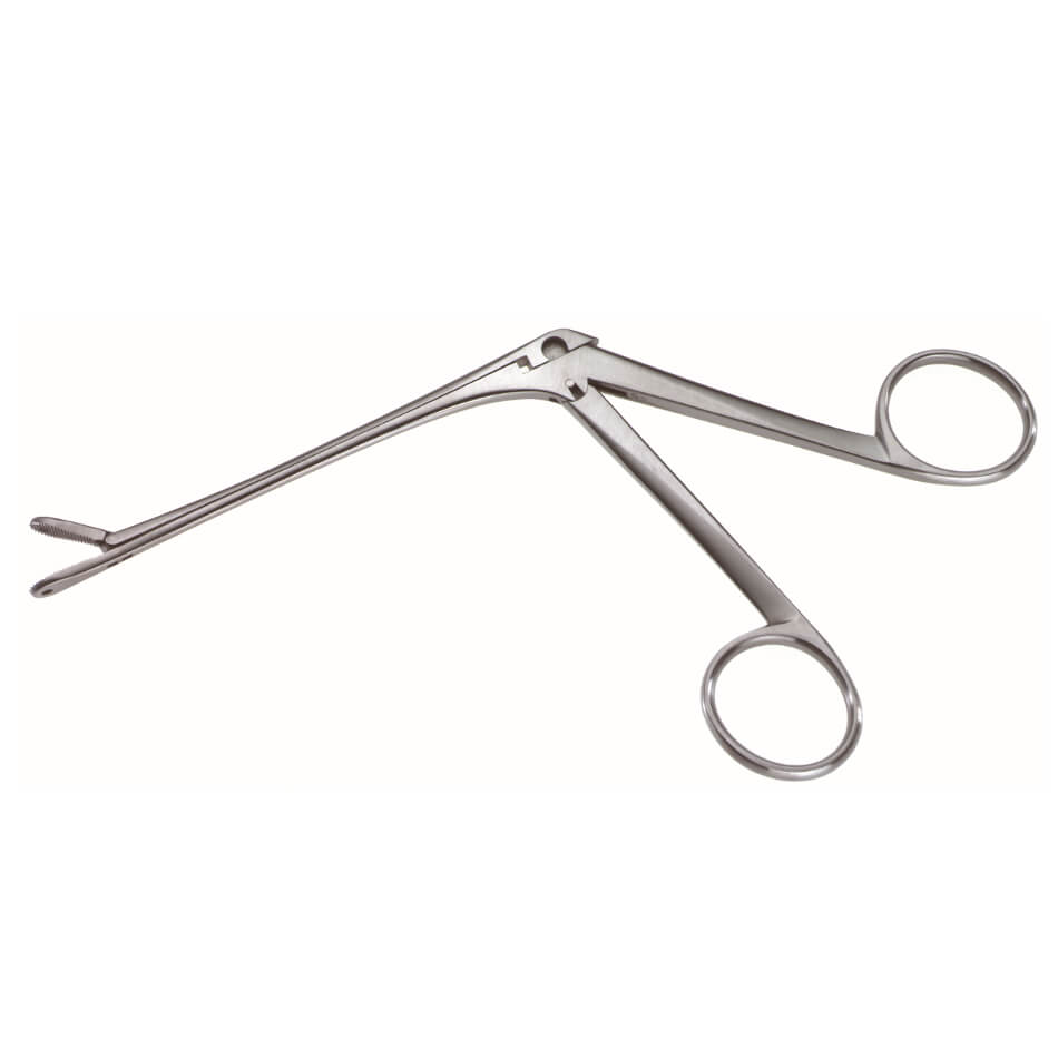 A metal surgical instrument made of stainless steel with two finger loops and a curved tip, resembling a clamp or forceps. The tool is designed for medical procedures, enabling precise gripping and manipulation of tissues such as nasal cartilage or bone fragments, Sheen Fragment Forceps, 7″ (18cm).