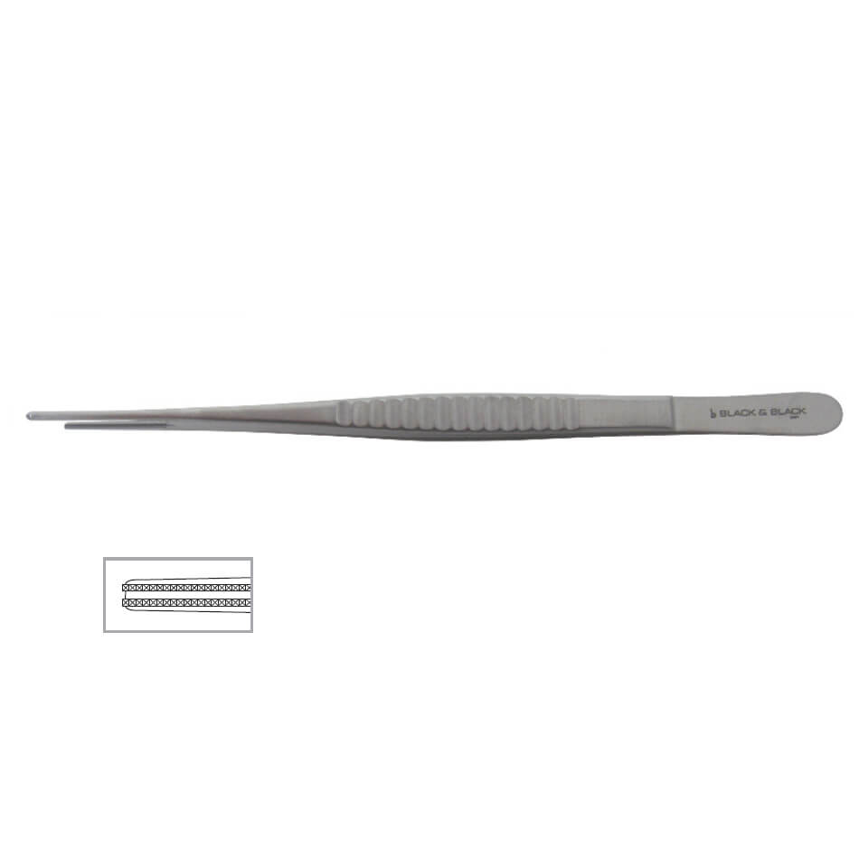 A pair of DeBakey Vascular Forceps featuring DeBakey serrations with a ridged grip and pointed tips. The forceps are positioned horizontally, and an inset image at the bottom left displays a close-up of the textured surface, designed for atraumatic tissue handling.