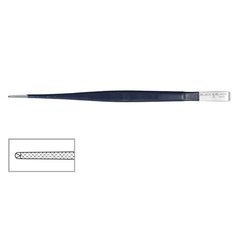 A pair of black surgical tweezers with a pointed tip, named &quot;Cushing Insulated Tissue Forceps&quot; with a logo inscribed near the handle. The inset shows a close-up of the textured gripping surface at the tip of these insulated forceps, designed for precision and safety in procedures involving monopolar coagulation.