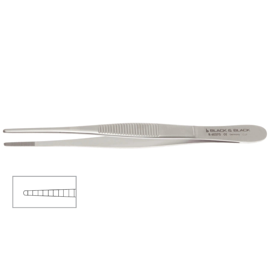 A pair of sleek, silver-colored, stainless steel Dressing Forceps, Serrated Jaw. The forceps feature a serrated jaw for enhanced precision and a ridged grip area for better handling. An inset image shows a detailed view of the grip. The brand name &quot;Black &amp; Black&quot; is engraved on the side for an elegant touch.