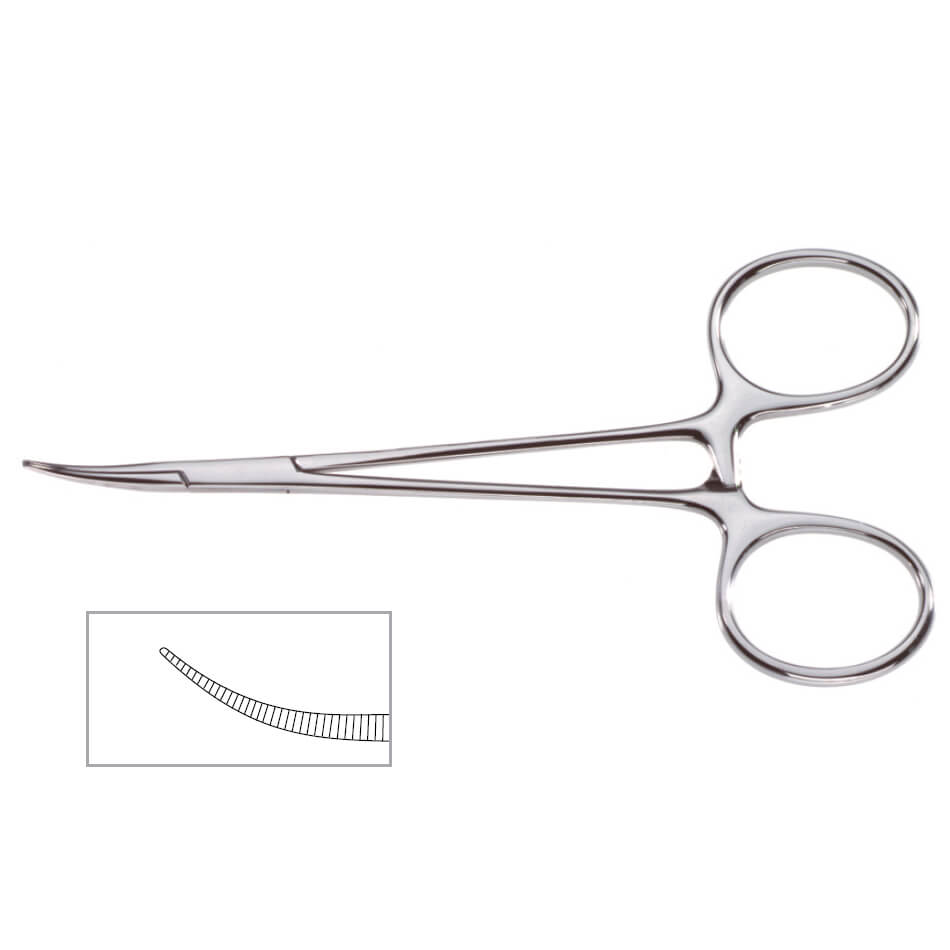 Delicate Mosquito Forceps, 4-1/2″ (11.5cm) with a detailed inset showing the grooved tip. Made of stainless steel, this tool features two looped handles connected to straight arms that bend slightly at the tip for precise grip and maneuverability, ideal for handling delicate tissue in facial surgery procedures.