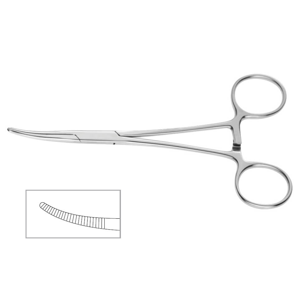 A pair of Kelly Forceps, 5-1/2″ (14cm) made from stainless steel, featuring a locking mechanism and ring handles. An inset reveals the fine serrations on the curved tip. This essential tool is frequently utilized in medical and facial surgery procedures.