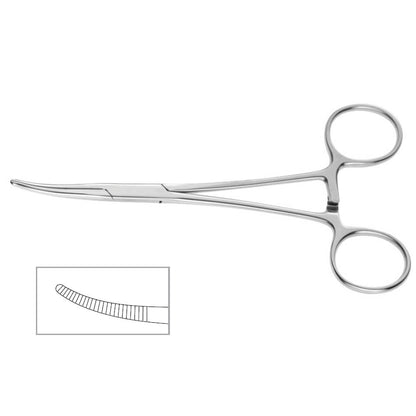 A pair of Kelly Forceps, 5-1/2″ (14cm) made from stainless steel, featuring a locking mechanism and ring handles. An inset reveals the fine serrations on the curved tip. This essential tool is frequently utilized in medical and facial surgery procedures.