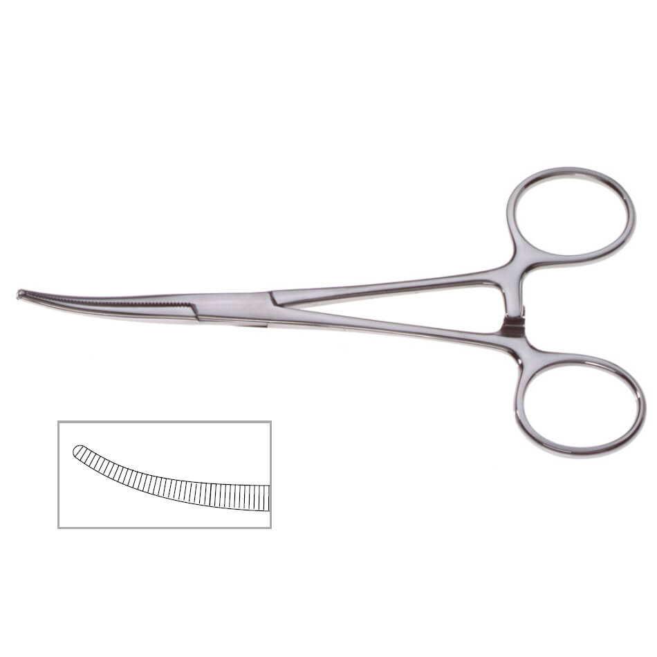 The image shows a pair of Crile Forceps made of stainless steel. The forceps have ring handles and a ridged gripping surface. An inset in the bottom left corner highlights the serrated pattern, often utilized in facial surgery for precision.