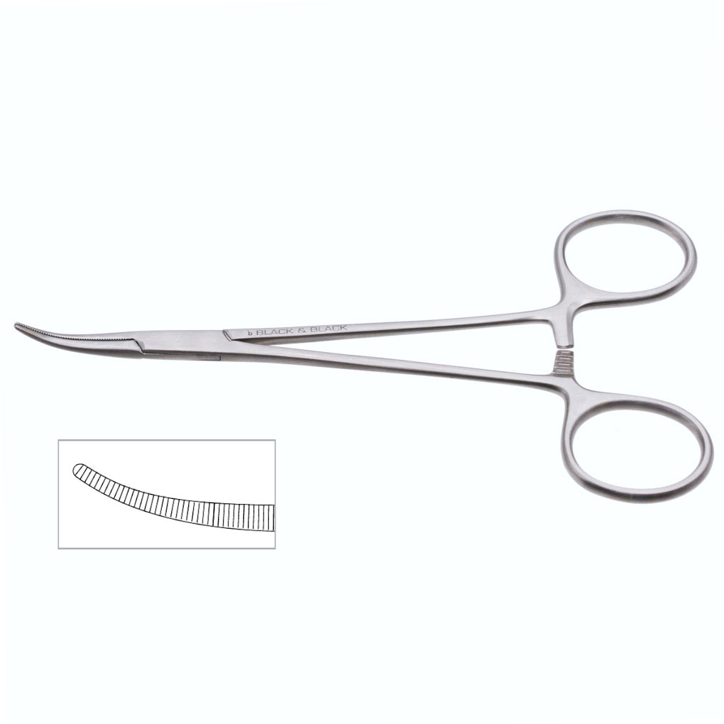 A Crile Delicate Forceps, 5-1/2″ (14cm), Curved with looped handles for gripping, featuring a detailed inset showing the ridged serrations on the curved gripping end.