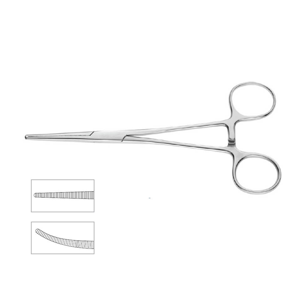 Image of a curved stainless steel Rochester-Pean Forceps, 6-1/4″ (16cm), a medical instrument with two looped handles and a curved, locking grip. Insets showcase close-up details of the serrated tip. Used to clamp blood vessels during surgical procedures.