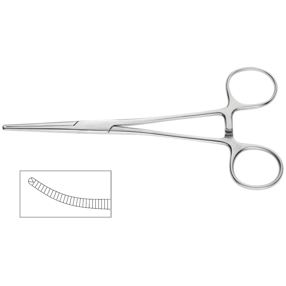 The image shows a pair of Kocher Forceps, 1x2 Teeth, made of stainless steel, with a ratchet mechanism and looped handles. An inset illustrates the serrated gripping surface of the forceps&