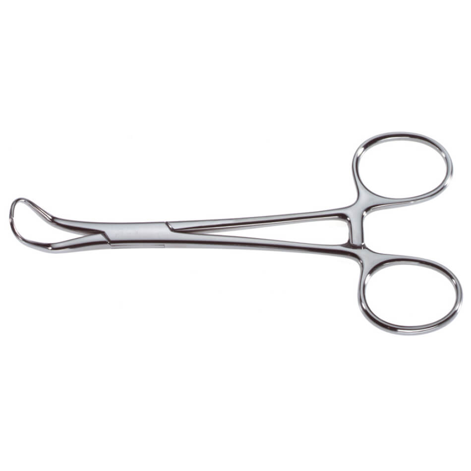 A pair of Backhaus Towel Forceps made of stainless steel with a locking mechanism. The forceps have two circular finger rings at one end and sharp pointed, angled tips at the other, ensuring maximum holding ability.