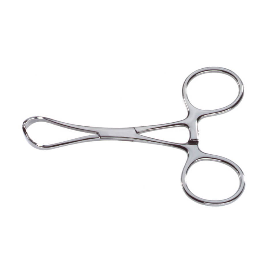 A shiny, stainless steel Edna Towel Forceps with a locking mechanism, featuring two finger loops and a curved, clamp-like tip with non-perforating jaws. The tool is used for pinching blood vessels to stop bleeding during surgical procedures. The image is set against a white background.