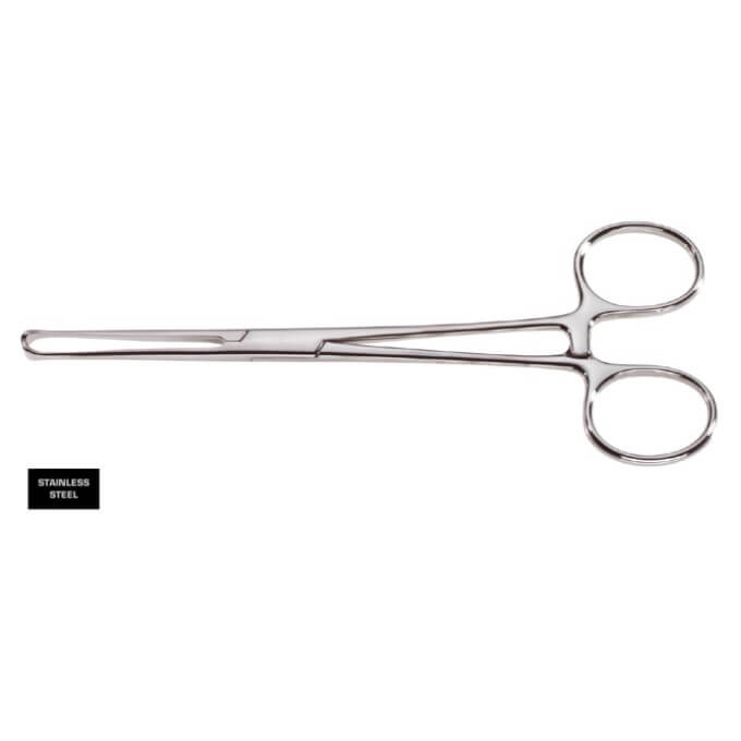 A pair of Allis Forceps, 4x5 Teeth with finger rings at one end for an atraumatic grip. The forceps have a sleek, straight design and are used for holding or clamping tissues during surgical procedures like scalp lifts or rhytidectomy.