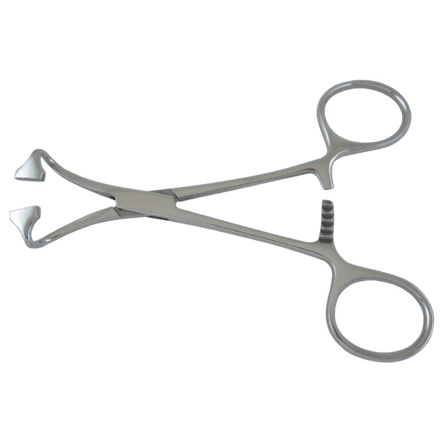 A Non Penetrating Towel Clamp, 5-1/4″ (13.3cm) with two ring handles, a ratchet mechanism, and serrated jaws. Featuring non-penetrating tips, it is used for grasping, holding, or manipulating tissues without perforating them, often during surgical procedures.