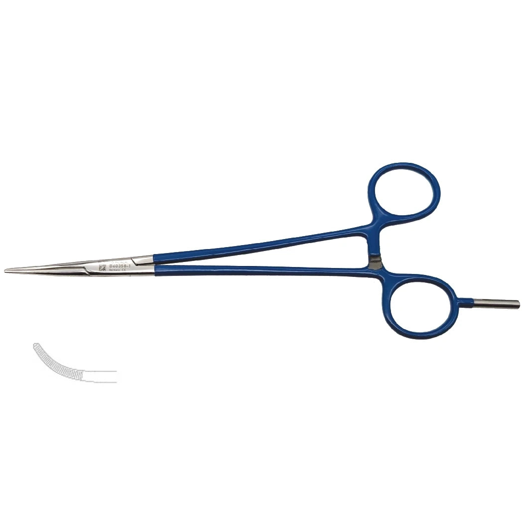 A blue Adson Insulated Monopolar Forceps, 7-1/4″ (18.5cm), Curved with curved tips and two looped handles. The tool, ideal for breast and neck surgery, is designed for clamping and holding during medical procedures. It has a lock mechanism near the handles for securing grip. A zoomed-in view of the serrated part of the clamp is shown.