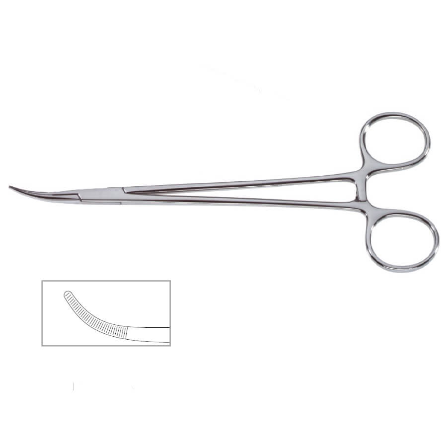 A pair of Adson Forceps, 7-1/4″ (18.5cm), Curved with loop handles and slender, curved blades featuring fine serrations. An inset detail highlights the precision serrations on the curved blades, designed for delicate breast surgery procedures.