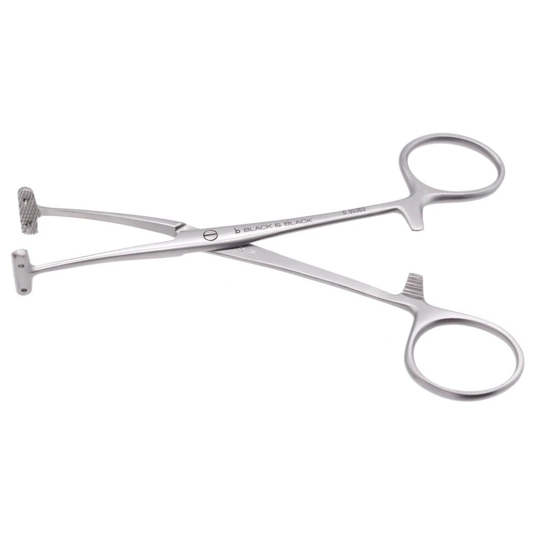 A Pitanguy Flap Grasping Forceps, 5-1/2″ (14cm) with scissor-like handles and a pair of ratcheted jaws at the end. The device is metal, with a sleek, silver appearance, and is designed for clamping and holding tissues or materials during medical procedures.