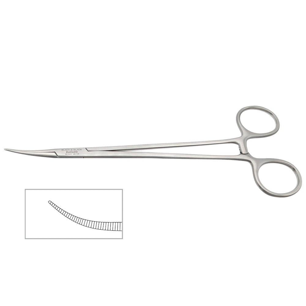 Image of a Delicate Mosquito Forceps, 7″ (18cm), Curved with a ratcheted locking mechanism and two finger rings. The tips are serrated for grip. An inset displays a close-up of the serrated gripping surface, highlighting the detail. Frequently used in hand surgery and facial surgery, this instrument is also known as mosquito forceps.