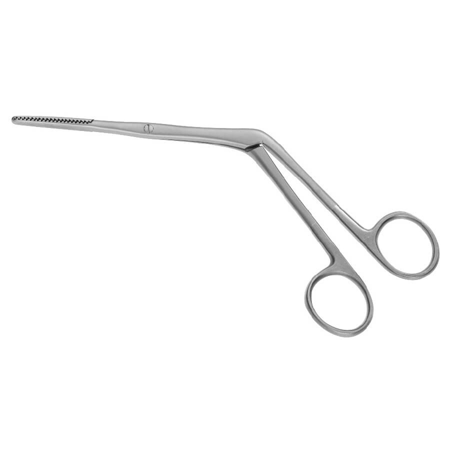 A pair of silver Tebbetts Type Septal Platform Forceps, 7-1/4″ (18.5cm), Angled with a curved design. The instrument features finger loops and a locking mechanism, commonly used to control blood flow in medical procedures. These septal grasping forceps have a serrated tip for better grip, often utilized during submucous resection.