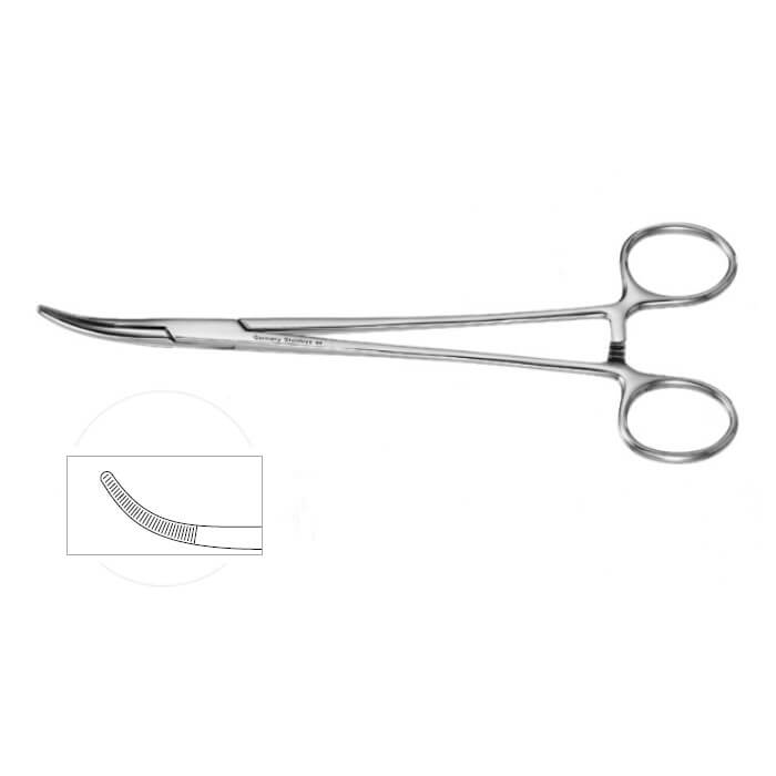 A pair of Schnidt Tonsil Forceps, 7-1/2″ (19cm), Closed Rings, 7-1/2″ (19cm) made of stainless steel, used for clamping blood vessels during surgical procedures. The long hemostat has ring handles for a secure grip and a serrated tip for effective clamping. An inset illustration shows the serrated detail.