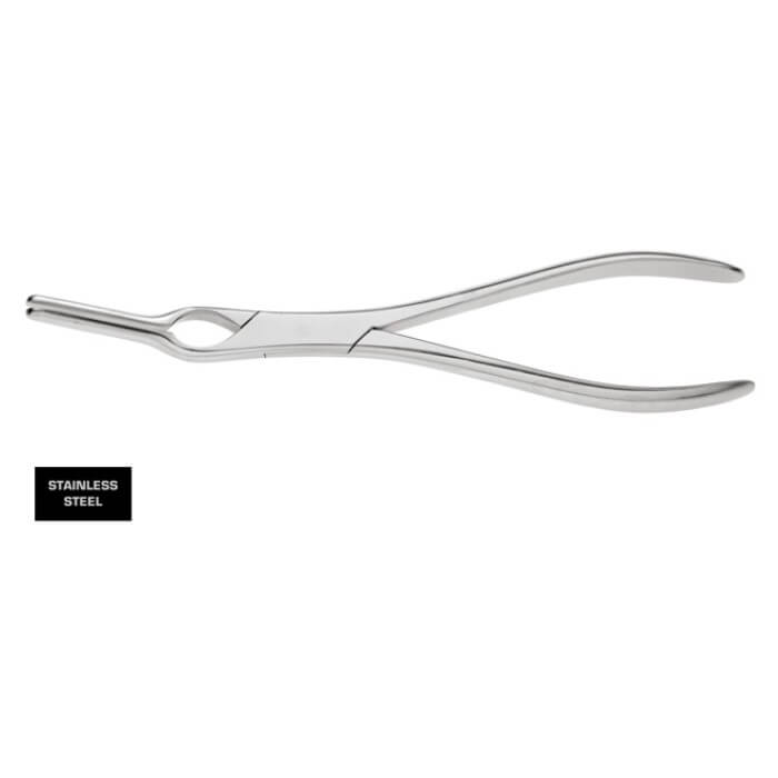 A pair of Asch Straightening Septum Forceps, 9″ (23cm) with long, straight handles and a flat gripping surface is shown on a white background. The design ensures a secure grip for various tasks. A small label near the forceps reads "Stainless Steel.
