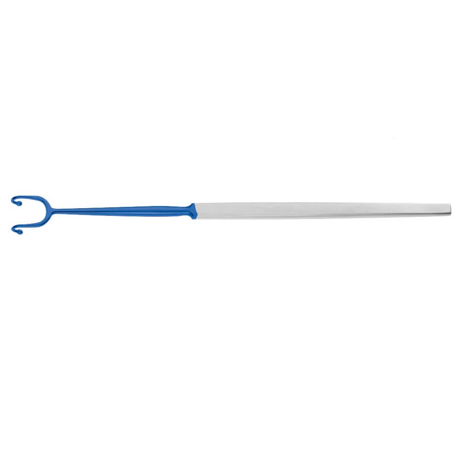 A long, thin white and blue tool with a hook-like end, used for cleaning and scraping tongues. The handle is blue and textured for grip, while the main body is made of insulated white plastic. The end features a curved, U-shaped design for effective tongue cleaning can be replaced by referring to it as the Fomon Insulated Double Ball Retractor, 6-1/4″ (16cm), 11mm Tip.